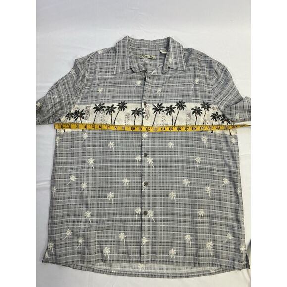 VTG Men’s Silk Button Down Hawaiian Shirt L Gray Pocket Polynesian Batik Bay - Picture 8 of 10